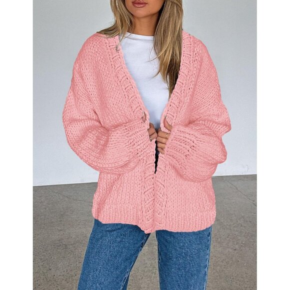 Womens Trendy Cardigan Sweaters Pink Long Sleeve Chunky Knit Outfits - Picture 8 of 8